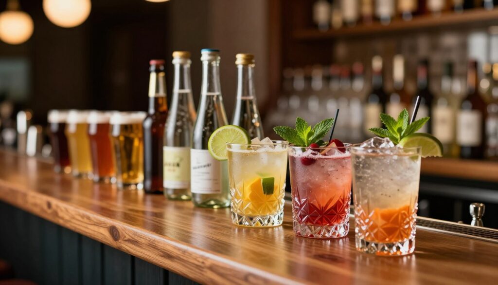 A stylish selection of low-calorie alcoholic beverages displayed elegantly on a wooden bar counter. In the foreground, focus on a couple of vibrant cocktails in crystal-clear glasses, garnished with fresh lime, mint leaves, and colorful fruits, showcasing their refreshing appeal. In the middle ground, include an assortment of light beers and sparkling wines, arranged neatly on the bar. The background features soft, ambient lighting from overhead fixtures, creating a cozy atmosphere. Use a shallow depth of field to keep the focus sharply on the drinks while the bar's textures remain softly blurred. The overall mood should feel inviting and sophisticated, perfect for health-conscious individuals enjoying a night out.