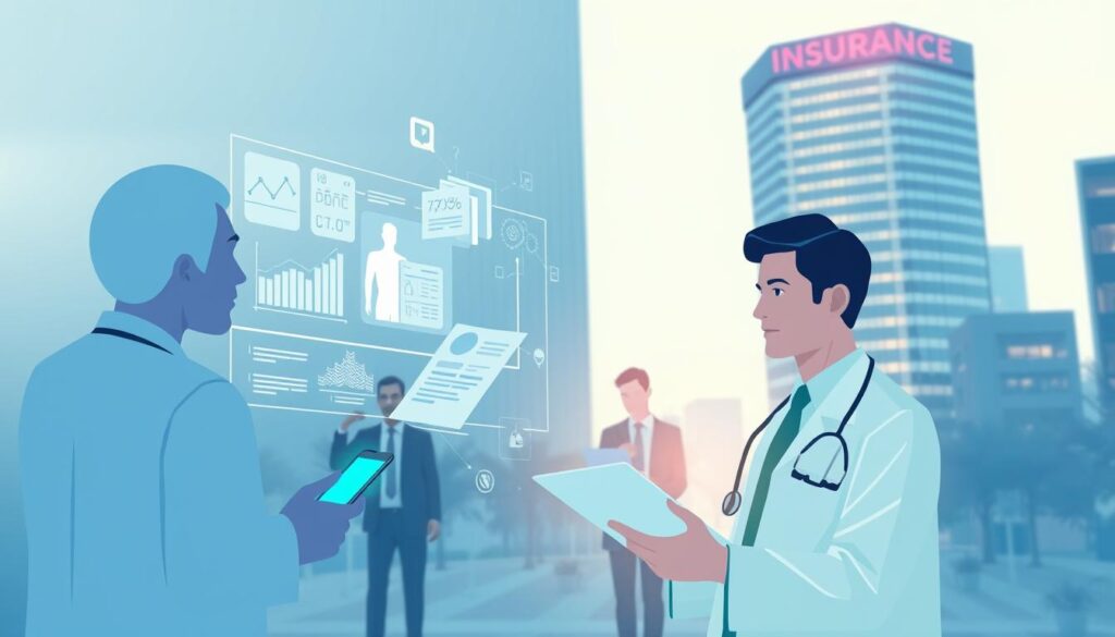 A stylized illustration of an insurance pre-authorization process. In the foreground, a doctor consults a patient's medical records on a holographic display, with detailed charts and graphs floating in the air. In the middle ground, a team of insurance agents pore over digital documents, using advanced software to assess the patient's case. In the background, a towering corporate building represents the insurance company, its facade illuminated by a soft, warm light, conveying a sense of authority and professionalism. The scene is bathed in a cool, blue-tinted color scheme, with subtle hints of green and violet accents, creating a modern, high-tech aesthetic. The overall mood is one of diligence, precision, and a touch of technological sophistication.