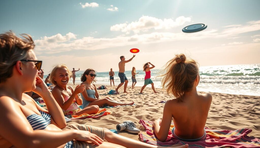 A sun-dappled afternoon at the beach, with sun-seekers relaxing on colorful towels under a vibrant sky. In the foreground, a family applies sunscreen, their faces shining with SPF protection. In the middle ground, a group of friends tossing a frisbee, their movements captured in a dynamic, frozen moment. In the background, the sparkling ocean laps against the golden sand, inviting visitors to take a dip and enjoy the weekend. The scene is bathed in warm, natural lighting, with a soft, hazy focus that evokes the carefree spirit of a summer day. The overall mood is one of leisure, relaxation, and the importance of sun safety. A sun-dappled afternoon at the beach, with sun-seekers relaxing on colorful towels under a vibrant sky. In the foreground, a family applies sunscreen, their faces shining with SPF protection. In the middle ground, a group of friends tossing a frisbee, their movements captured in a dynamic, frozen moment. In the background, the sparkling ocean laps against the golden sand, inviting visitors to take a dip and enjoy the weekend. The scene is bathed in warm, natural lighting, with a soft, hazy focus that evokes the carefree spirit of a summer day. The overall mood is one of leisure, relaxation, and the importance of sun safety.