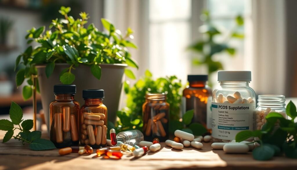 A sun-drenched still life featuring an assortment of PCOS fertility supplements. In the foreground, glass bottles and capsules of various herbal remedies, vitamins, and minerals, artfully arranged on a rustic wooden surface. The middle ground showcases lush, vibrant greens - a potted plant, fresh herbs, and leafy accents, symbolizing the natural, holistic approach. The background is softly blurred, hinting at a serene, calming environment, perhaps a cozy home office or a tranquil studio space. The lighting is warm and inviting, casting gentle shadows and highlighting the textures of the natural elements. The overall mood is one of balance, wellness, and an empowered journey towards PCOS fertility.