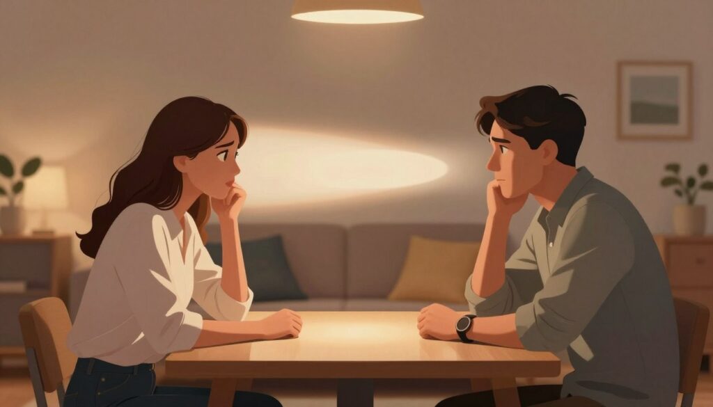A thoughtful illustration depicting the impact of personal habits on intimate relationships. In the foreground, a couple sits across from each other at a small table, both dressed in modest business casual attire, engaged in a serious yet open conversation. The expressions on their faces reveal a mix of concern and understanding. In the middle ground, a subtle visual metaphor emerges: a soft, glowing light creating a barrier between them and representing personal space, while shadows hint at unexpressed feelings or tension. The background features a cozy living room setting with warm lighting, suggesting a safe, private environment. The overall mood is contemplative, encouraging reflection and dialogue about the role of individual habits in shared emotional experiences. The scene is captured from an eye-level angle to enhance intimacy.