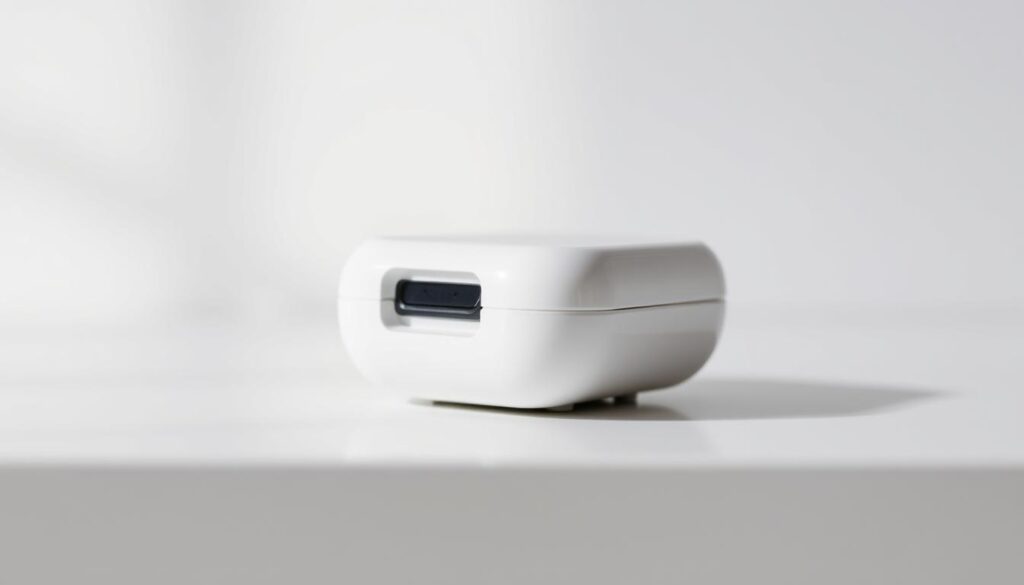 A tightly framed shot of a white plastic Omnipod DASH insulin pump storage container, resting on a clean, minimalist surface. The container is in sharp focus, with crisp edges and a glossy sheen. The background is slightly blurred, creating a sense of depth and emphasis on the subject. Soft, even lighting illuminates the container, casting subtle shadows that accentuate its form. The composition is balanced, with the container positioned slightly off-center, creating visual interest. The overall mood is clinical, organized, and informative, reflecting the technical nature of the subject matter.