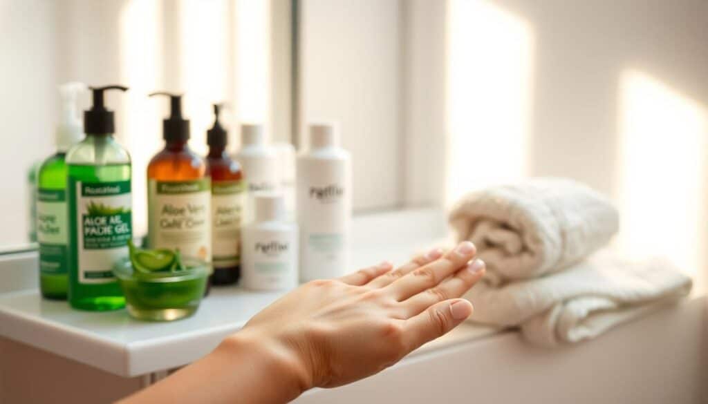 A tranquil bathroom scene, bathed in warm, diffused lighting. On the vanity, an array of soothing, natural skincare products - aloe vera gel, gentle cleansers, and deeply nourishing moisturizers. A soft, plush towel rests nearby, ready to gently pat the skin. In the foreground, a hand carefully massages the recently waxed area, using delicate, circular motions to soothe and calm the skin. The overall atmosphere is one of quiet care and relaxation, reflecting the essential post-wax routines for optimal, long-lasting results.