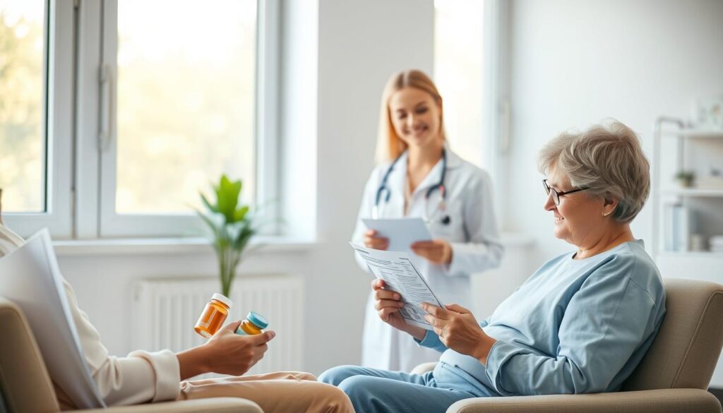 A tranquil medical setting with soft, natural lighting filtering through large windows. In the foreground, a patient sits comfortably, carefully examining medication bottles and reading the information leaflets. The middle ground features a healthcare professional, offering a reassuring expression and gesturing empathetically. In the background, a soothing, pastel-toned color palette and minimal, calming decor create an atmosphere of care and support. The scene conveys a sense of open communication, guidance, and the patient's active role in managing their medication side effects and monitoring their reactions.