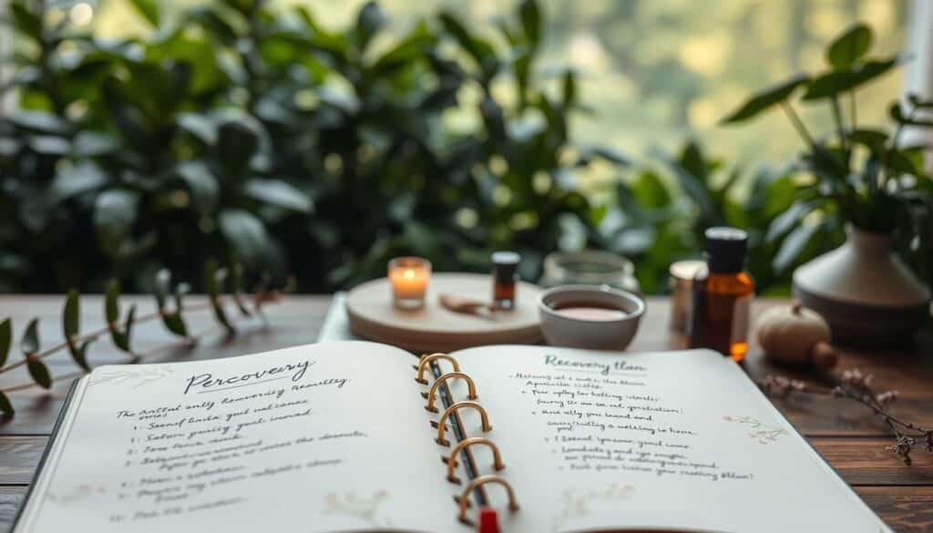 A tranquil scene of a personalized recovery plan, with a serene background of lush greenery and a soft, diffused natural lighting. In the foreground, an elegantly designed notebook or journal, its pages open to reveal handwritten notes, personalized goals, and a custom-tailored wellness program. Delicate, botanical illustrations adorn the margins, creating a sense of harmony and mindfulness. The middle ground features various self-care tools, such as a meditation cushion, essential oils, and a cup of herbal tea, all arranged in a visually pleasing manner. The overall atmosphere conveys a feeling of introspection, balance, and a dedicated commitment to personal growth and healing.