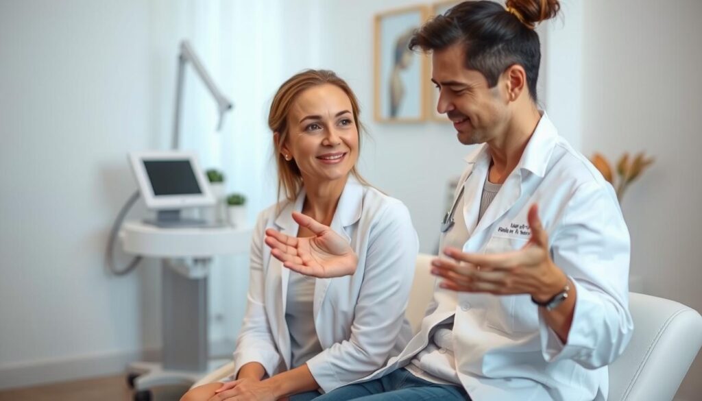 A tranquil, well-lit interior setting with a calming, professional atmosphere. In the foreground, a person sitting comfortably, expression serene, as they engage in a consultation with a laser hair removal specialist. The specialist, wearing a clean, white lab coat, gestures gently while explaining the treatment process in detail. Soft, indirect lighting illuminates the scene, creating a sense of trust and reassurance. In the background, medical equipment and soothing decor suggest a modern, state-of-the-art clinic, putting the subject at ease and addressing any common concerns or misconceptions about laser hair removal.