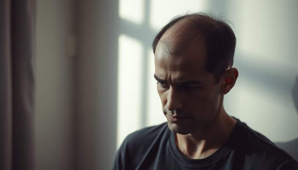 A troubled individual with a pensive expression, their head partially obscured by shadows, reflecting the psychological burden of hair loss. The scene is set in a subtly lit, minimalist interior, with a neutral, muted color palette evoking a sense of melancholy. The lighting casts gentle, dramatic shadows, emphasizing the subject's vulnerability and the emotional impact of their condition. The composition is thoughtfully balanced, guiding the viewer's gaze to the focal point - the individual's partially concealed face, conveying the personal struggle and inner turmoil associated with this medical condition. A troubled individual with a pensive expression, their head partially obscured by shadows, reflecting the psychological burden of hair loss. The scene is set in a subtly lit, minimalist interior, with a neutral, muted color palette evoking a sense of melancholy. The lighting casts gentle, dramatic shadows, emphasizing the subject's vulnerability and the emotional impact of their condition. The composition is thoughtfully balanced, guiding the viewer's gaze to the focal point - the individual's partially concealed face, conveying the personal struggle and inner turmoil associated with this medical condition.