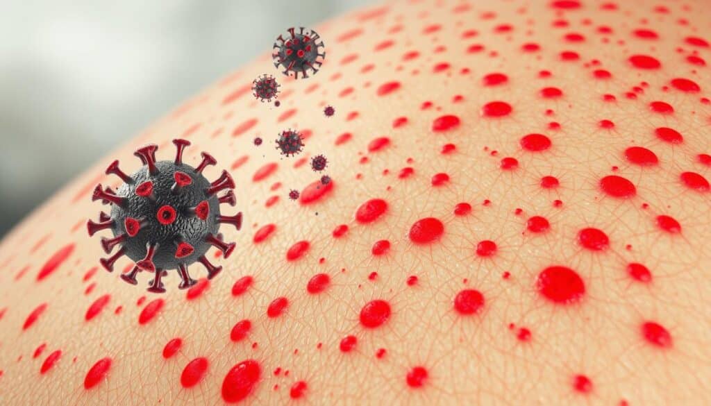 A vast expanse of human skin, dotted with vibrant red blisters, serves as the canvas for this unsettling yet educational visualization. In the foreground, a highly detailed microscopic view captures the infectious varicella-zoster virus, its spiny protrusions poised to infiltrate healthy cells. The middle ground depicts the transmission process, with viral particles floating through the air, ready to be inhaled or transferred by direct contact. The background fades into a hazy, foreboding atmosphere, conveying the contagious nature of this common childhood illness. Soft, diffused lighting illuminates the scene, lending a clinical yet unsettling tone. This visually compelling image aims to illustrate the mechanisms by which chickenpox spreads, informing and educating the viewer.