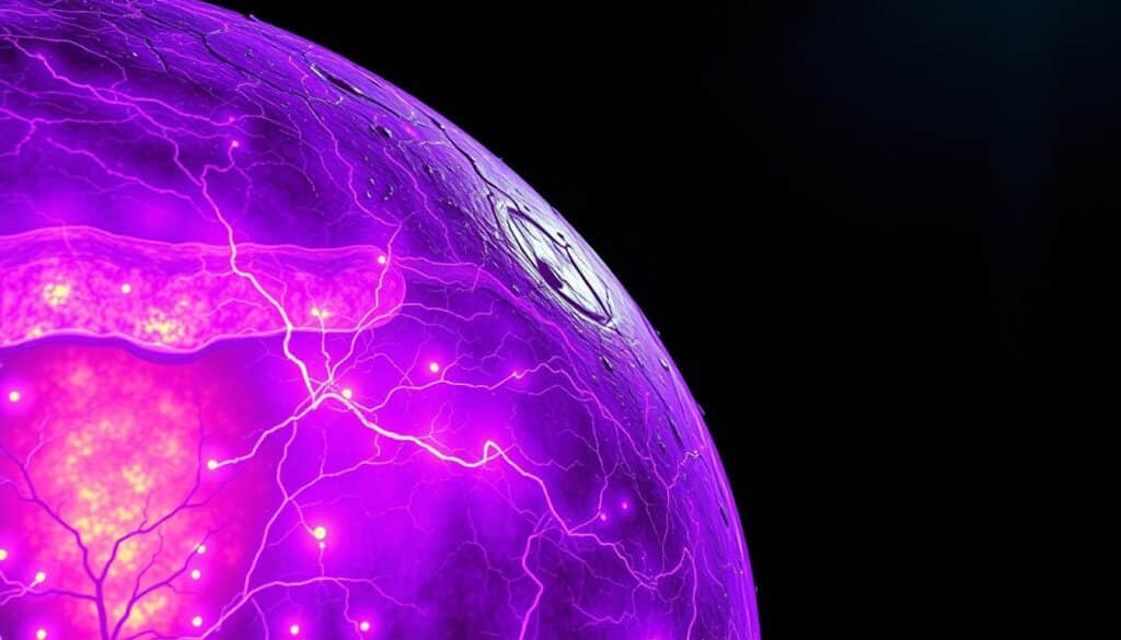 A vast expanse of skin exposed to intense ultraviolet radiation, depicted as a detailed cross-section. In the foreground, the epidermis and dermis layers glow with an ominous violet hue, suggesting the damaging effects of UV exposure. The middle ground features an intricate network of blood vessels and cellular structures, while the background showcases a deep, shadowy realm hinting at the potential for cancerous growths. The scene is illuminated by a harsh, directional light that casts dramatic shadows, heightening the sense of risk and vulnerability. The overall atmosphere conveys a sense of scientific precision and the gravity of the subject matter. A vast expanse of skin exposed to intense ultraviolet radiation, depicted as a detailed cross-section. In the foreground, the epidermis and dermis layers glow with an ominous violet hue, suggesting the damaging effects of UV exposure. The middle ground features an intricate network of blood vessels and cellular structures, while the background showcases a deep, shadowy realm hinting at the potential for cancerous growths. The scene is illuminated by a harsh, directional light that casts dramatic shadows, heightening the sense of risk and vulnerability. The overall atmosphere conveys a sense of scientific precision and the gravity of the subject matter.