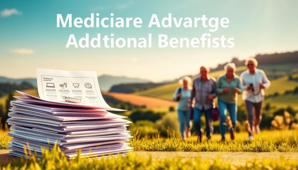 A vibrant and detailed image of Medicare Advantage additional benefits. In the foreground, a stack of medical documents and icons representing various healthcare services like prescription drugs, dental care, and vision coverage. In the middle ground, a group of seniors enjoying outdoor activities, exemplifying the active lifestyle enabled by these extra plan benefits. The background features a serene landscape with rolling hills, lush greenery, and a warm, golden-hour lighting that conveys a sense of comfort and well-being. The overall composition and color palette aim to showcase the comprehensive and enriching nature of Medicare Advantage's supplemental offerings. A vibrant and detailed image of Medicare Advantage additional benefits. In the foreground, a stack of medical documents and icons representing various healthcare services like prescription drugs, dental care, and vision coverage. In the middle ground, a group of seniors enjoying outdoor activities, exemplifying the active lifestyle enabled by these extra plan benefits. The background features a serene landscape with rolling hills, lush greenery, and a warm, golden-hour lighting that conveys a sense of comfort and well-being. The overall composition and color palette aim to showcase the comprehensive and enriching nature of Medicare Advantage's supplemental offerings.