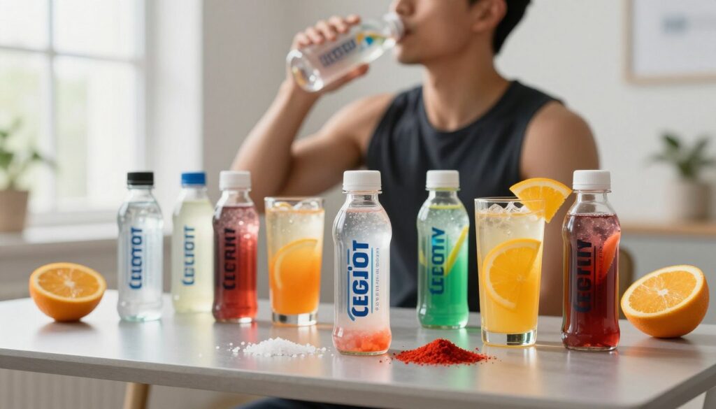 A vibrant and dynamic composition showcasing a variety of colorful electrolyte performance beverages on a sleek, modern table. In the foreground, these drinks, featuring ingredients like bright citrus slices, sea salt crystals, and vibrant electrolyte powders, are artistically arranged in clear glass containers. The middle ground includes a blurred athlete in the background, dressed in professional athletic wear, energetically refueling with one of the beverages. The setting is illuminated with soft, natural light filtering through a nearby window, creating a refreshing, invigorating atmosphere. The overall mood conveys energy and vitality, emphasizing health and hydration amidst an active lifestyle. The focus is sharp on the beverages, while the background retains a gentle blur, inviting the viewer to learn about the essential ingredients of effective electrolyte drinks.