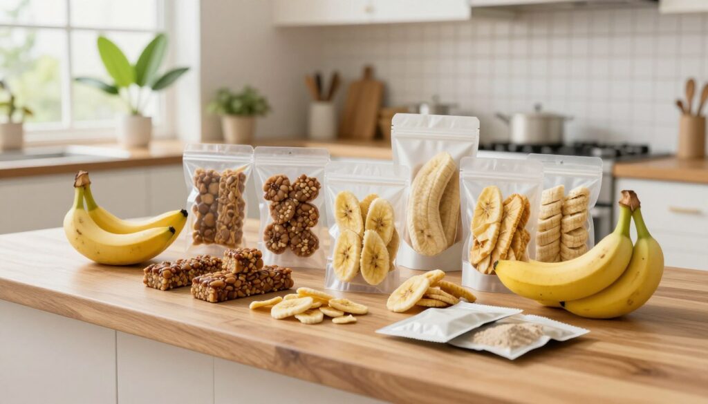 A vibrant and innovative display of protein-rich banana snacks set on a modern wooden kitchen countertop. In the foreground, a variety of creative snacks made from bananas — including protein bars, dried banana chips, and banana protein powder packets — are artistically arranged in clear, eco-friendly packaging. The middle ground features a bright, open kitchen with soft natural lighting coming from a large window, emphasizing the freshness of the ingredients. In the background, banana plants are subtly visible, hinting at the source of these innovative products. The atmosphere is warm and inviting, suggesting a focus on health and nutrition, with a hint of modern sustainability. Capture the scene from a slight overhead angle to showcase the abundance and variety of the banana snacks.