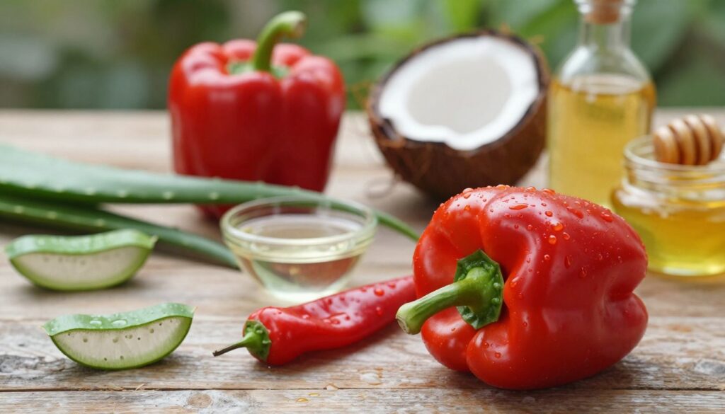 A vibrant and visually appealing arrangement of fresh red bell peppers on a rustic wooden table, surrounded by a variety of natural skincare ingredients such as aloe vera, coconut oil, and honey. In the foreground, emphasis on the glossy texture of the red bell peppers, showcasing their rich color and smooth skin, with droplets of water to highlight freshness. In the middle, soft, diffused lighting casts gentle shadows, creating a warm and inviting atmosphere, while a blurred natural garden background hints at fresh produce. The angle is slightly above the table to capture the entire composition, evoking a sense of health and vitality, conveying the nourishing benefits of red bell peppers for skin health.