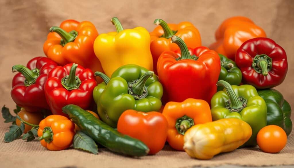 A vibrant and visually appealing arrangement of various bell pepper varieties, including red, yellow, orange, and green peppers, showcased against a natural, earthy backdrop. The peppers are displayed in a still life composition, with carefully considered lighting that casts soft, natural shadows, emphasizing their vibrant colors and unique shapes. The overall mood is one of warmth, richness, and culinary exploration, setting the perfect scene to illustrate the diverse uses of different pepper varieties. A vibrant and visually appealing arrangement of various bell pepper varieties, including red, yellow, orange, and green peppers, showcased against a natural, earthy backdrop. The peppers are displayed in a still life composition, with carefully considered lighting that casts soft, natural shadows, emphasizing their vibrant colors and unique shapes. The overall mood is one of warmth, richness, and culinary exploration, setting the perfect scene to illustrate the diverse uses of different pepper varieties.