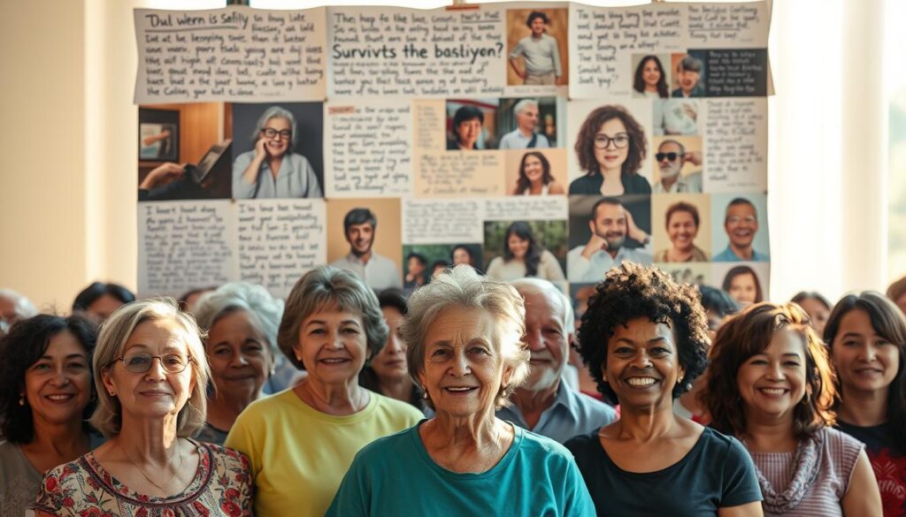 A vibrant collage of personal stories and resilient faces, illuminated by warm, natural lighting. In the foreground, a diverse group of colorectal cancer survivors stand united, their expressions radiating strength and hope. The middle ground features a patchwork of handwritten notes, sketches, and photographs, each sharing a unique journey. The background blends soft, blurred textures, evoking a sense of community and shared experience. The overall composition conveys a powerful narrative of resilience, empowerment, and the power of storytelling to inspire and connect. A vibrant collage of personal stories and resilient faces, illuminated by warm, natural lighting. In the foreground, a diverse group of colorectal cancer survivors stand united, their expressions radiating strength and hope. The middle ground features a patchwork of handwritten notes, sketches, and photographs, each sharing a unique journey. The background blends soft, blurred textures, evoking a sense of community and shared experience. The overall composition conveys a powerful narrative of resilience, empowerment, and the power of storytelling to inspire and connect.
