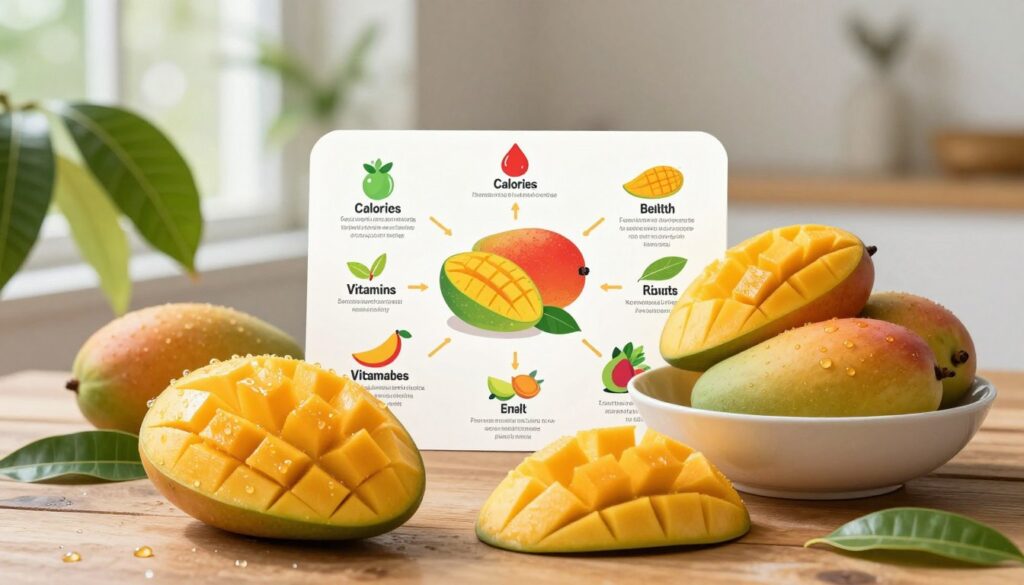 A vibrant, colorful nutrition guide centered around fresh mangoes, displayed on a wooden table. In the foreground, showcase a ripe, sliced mango with glistening juice droplets, alongside a bowl filled with assorted mango varieties. In the middle, incorporate a beautifully arranged infographic-like composition detailing key nutritional facts, including calories, vitamins, and health benefits, illustrated with icons and vibrant colors. The background features lush green leaves and soft natural light streaming in from a nearby window, creating a warm and inviting atmosphere. Use a soft focus on the background to emphasize the foreground elements, creating a sense of freshness and abundance, perfect for illustrating the best time to enjoy mangoes.