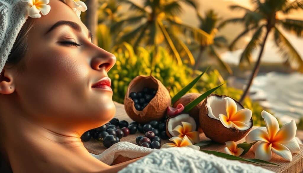 A vibrant, detailed scene showcasing the cultural beauty rituals of Brazil. In the foreground, a close-up of a woman's face as she undergoes a traditional Brazilian facial treatment, her eyes closed in serene concentration. The middle ground reveals an array of natural skincare ingredients, such as acai berries, coconut oil, and tropical flowers, artfully arranged. In the background, a lush, verdant landscape with swaying palm trees and a hint of a stunning coastline, bathed in warm, golden light. The overall atmosphere exudes a sense of tranquility, rejuvenation, and deep-rooted cultural traditions.