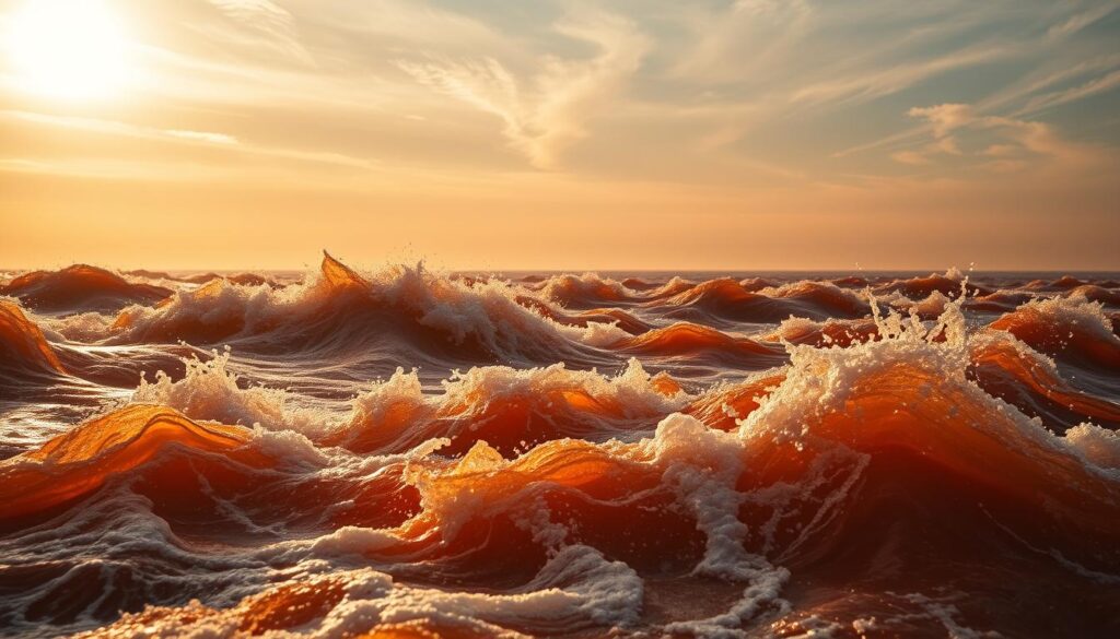 A vibrant, dynamic surge pattern that ebbs and flows across a summer landscape. In the foreground, swirling crimson and ochre waves undulate against a backdrop of golden sunlight filtering through wispy cirrus clouds. The midground features jagged, pulsing lines of energy that ebb and flow, hinting at the unpredictable nature of the surge. In the distance, a hazy gradient of cool blues and greens recedes into the horizon, creating a sense of depth and scale. The lighting is warm and diffuse, casting a subtle glow over the entire scene. Captured through a wide-angle lens, the composition emphasizes the scale and power of the summer surge pattern, evoking a sense of both beauty and unease.