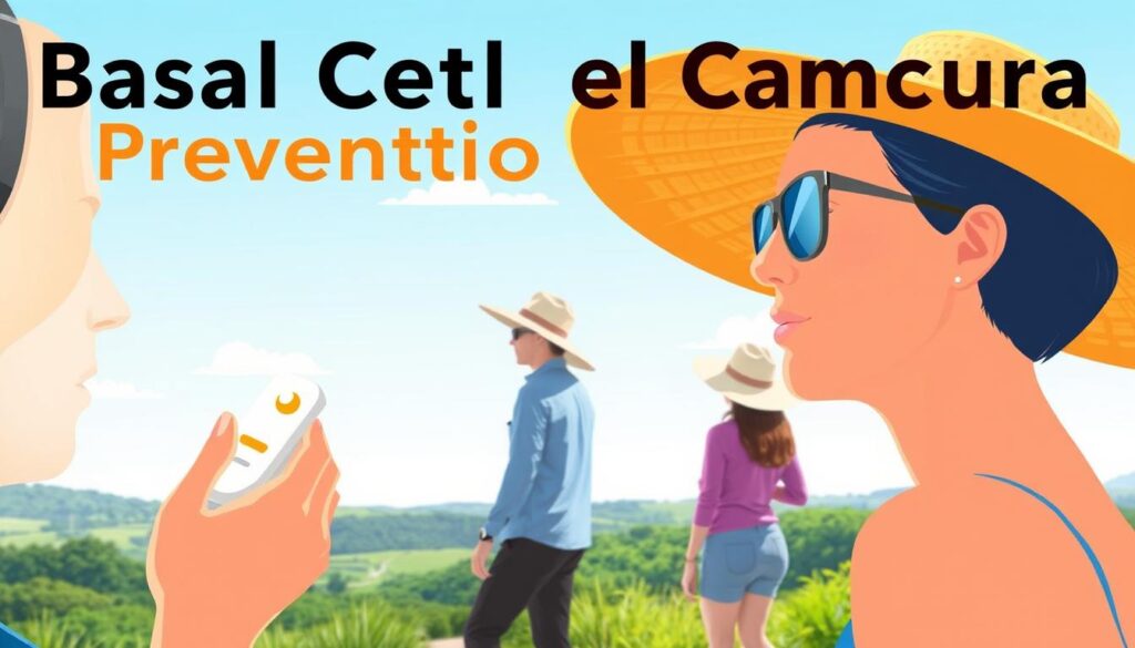 A vibrant illustration depicting effective basal cell carcinoma prevention strategies. The foreground showcases a person applying sunscreen diligently, emphasizing the importance of sun protection. The middle ground features individuals wearing wide-brimmed hats and long-sleeved clothing, shielding themselves from harmful UV rays. In the background, a scenic landscape with lush greenery and a clear blue sky conveys a sense of well-being and a healthy outdoor environment. The lighting is soft and natural, creating a calming, educational atmosphere. The overall composition aims to educate and inspire viewers to adopt proactive measures against basal cell carcinoma. A vibrant illustration depicting effective basal cell carcinoma prevention strategies. The foreground showcases a person applying sunscreen diligently, emphasizing the importance of sun protection. The middle ground features individuals wearing wide-brimmed hats and long-sleeved clothing, shielding themselves from harmful UV rays. In the background, a scenic landscape with lush greenery and a clear blue sky conveys a sense of well-being and a healthy outdoor environment. The lighting is soft and natural, creating a calming, educational atmosphere. The overall composition aims to educate and inspire viewers to adopt proactive measures against basal cell carcinoma.