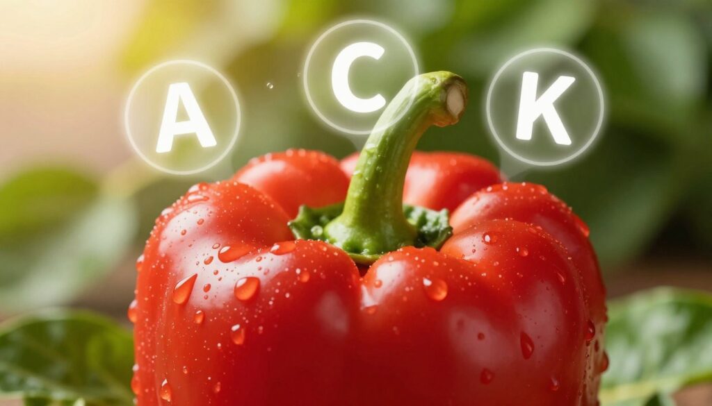 A vibrant red bell pepper placed prominently in the foreground, showcasing glistening, freshly washed skin with raindrops for added texture. Surrounding the pepper are nutrient icons representing vitamins A, C, and K, depicted as floating symbols that emphasize their significance. In the background, softly blurred green foliage creates a natural and fresh atmosphere, enhancing the vibrant red of the pepper. The lighting is warm and inviting, suggesting natural sunlight filtering through leaves, highlighting the glossy surface of the bell pepper. A macro lens perspective captures intricate details, such as the pepper's curves and textures. The overall mood is health-focused and energizing, perfect for illustrating the nutritional benefits of sweet peppers.