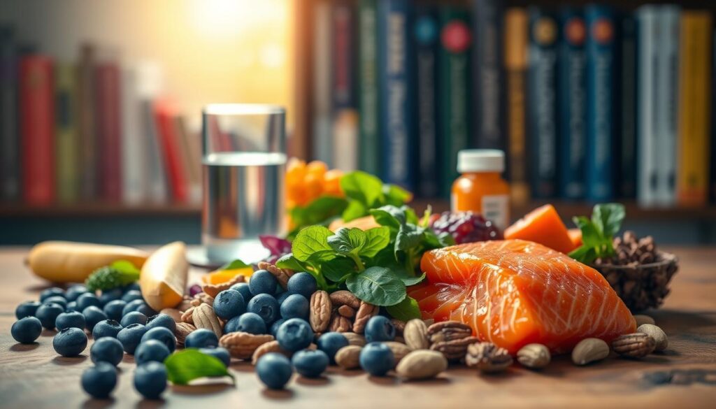 A vibrant still life showcasing the connection between nutrition and ADHD. In the foreground, an array of colorful superfoods - blueberries, spinach, salmon, and nuts - arranged artfully on a wooden table. Soft, natural lighting casts a warm glow, creating a sense of nourishment and vitality. In the middle ground, a glass of water and a pill bottle, symbolizing the importance of holistic treatment. The background features a bookshelf with titles on ADHD and healthy eating, hinting at the wealth of information available. The overall mood is one of balance, harmony, and the power of mindful nutrition to support focus and cognitive function.