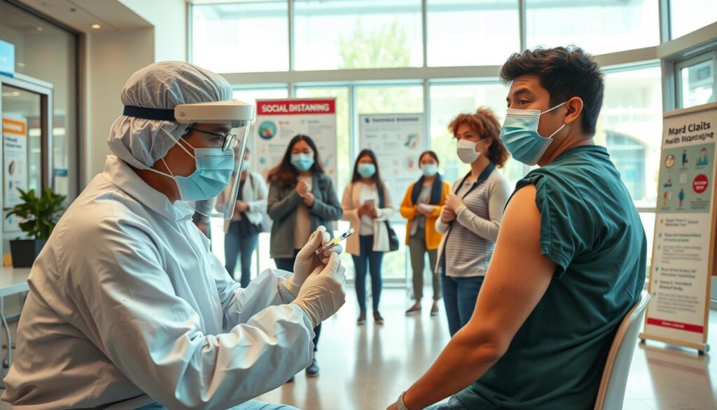 A vibrant, well-lit scene depicting health prevention measures against the COVID-19 pandemic. In the foreground, a healthcare worker in full personal protective equipment (PPE) administers a vaccine to a patient sitting calmly. Behind them, a group of diverse individuals wear high-quality face masks as they practice social distancing in a public setting, such as a clinic or community center. The middle ground showcases informative posters and signage highlighting the importance of hand hygiene, respiratory etiquette, and other preventive protocols. In the background, a clean, modern medical facility with large windows suggests a sense of safety, comfort, and trust in the healthcare system. The overall mood is one of proactive, responsible healthcare and a community united in its efforts to protect public well-being.