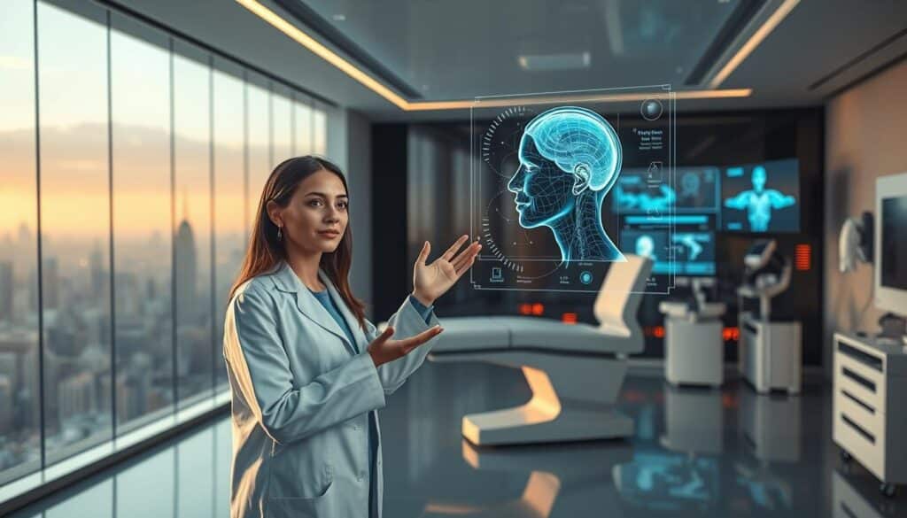 A virtual dermatology clinic set in a sleek, modern interface. The foreground features a young woman in a white lab coat, gesturing towards a holographic skin analysis display. The middle ground showcases a high-tech medical examination table, with diagnostic equipment and virtual screens surrounding it. The background depicts a serene, futuristic cityscape visible through panoramic windows, bathed in warm, diffused lighting. The overall atmosphere conveys a sense of cutting-edge medical technology, personalized care, and a seamless, immersive digital healthcare experience.