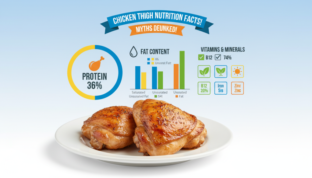 A visually appealing infographic-style illustration comparing the nutritional value of chicken thighs. In the foreground, display two cooked chicken thighs on a clean, white plate with a slight shine, showcasing their juicy, succulent appearance. In the middle, place colorful, well-organized charts and icons representing key nutritional facts such as protein, fat, vitamins, and mineral content, using vibrant colors for clarity. The background should be a soft gradient of light blue and white, creating a fresh and hygienic feel. Natural daylight illuminates the scene from an upper left angle, emphasizing the textures of the chicken and the clarity of the charts. The overall mood is educational and inviting, encouraging viewers to explore the myths surrounding chicken thigh nutrition.
