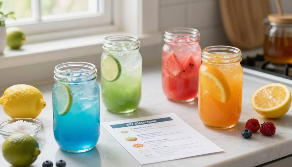 A visually appealing kitchen countertop featuring an array of colorful DIY electrolyte drink recipes. In the foreground, display four glass jars filled with vibrant electrolyte drinks: one with bright blue sports drink, another with a green coconut-lime concoction, a third with a pink watermelon blend, and a fourth showcasing a citrus-infused orange drink. Surrounding the jars are fresh fruits like lemons, limes, and berries, along with a small bowl of sea salt and a jar of honey for sweetness. In the middle, a recipe card printed with clear, enticing steps should be partially visible. In the background, soft natural light filters through a window, creating a warm, inviting atmosphere. The camera angle is slightly overhead, focusing sharply on the drinks while softly blurring the background to enhance the inviting mood.