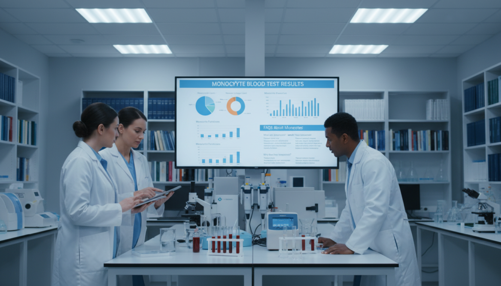A visually captivating scene showcasing a modern medical laboratory environment in the foreground, featuring a skilled, diverse team of healthcare professionals in professional attire, discussing monocytes blood test results. In the middle ground, a large monitor displays colorful charts and diagrams related to monocyte levels, functions, and FAQs, while test tubes and medical equipment are neatly arranged on a lab bench. The background features shelves lined with medical textbooks and journals, softly blurred to maintain focus on the foreground. Bright, soft lighting from fluorescent fixtures bathes the room, creating a clean and professional atmosphere. Shot with a slight wide-angle lens to capture the collaborative spirit of the team while ensuring clarity and detail in the visuals. The mood is informative and engaging, emphasizing the importance of understanding monocyte blood tests.