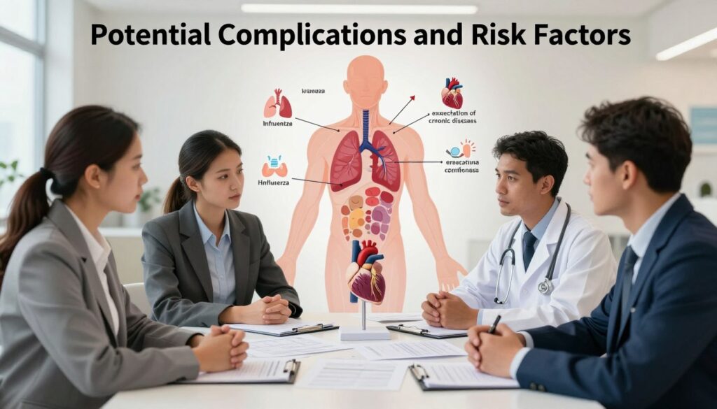 A visually engaging illustration depicting the "Potential Complications and Risk Factors" of Influenza A. In the foreground, portray a diverse group of professional figures in modest business attire, symbolizing healthcare workers, discussing around a table cluttered with medical charts and an anatomical model of the respiratory system. In the middle ground, show a diagrammatic representation of the human body highlighting areas affected by influenza complications, like the lungs and heart, with arrows and icons illustrating potential risks such as pneumonia and exacerbation of chronic diseases. The background features a soft-focus hospital setting with warm lighting to convey a sense of urgency balanced with professionalism. The overall mood should be informative and serious, yet accessible, inviting the viewer to understand the complexities of influenza complications.