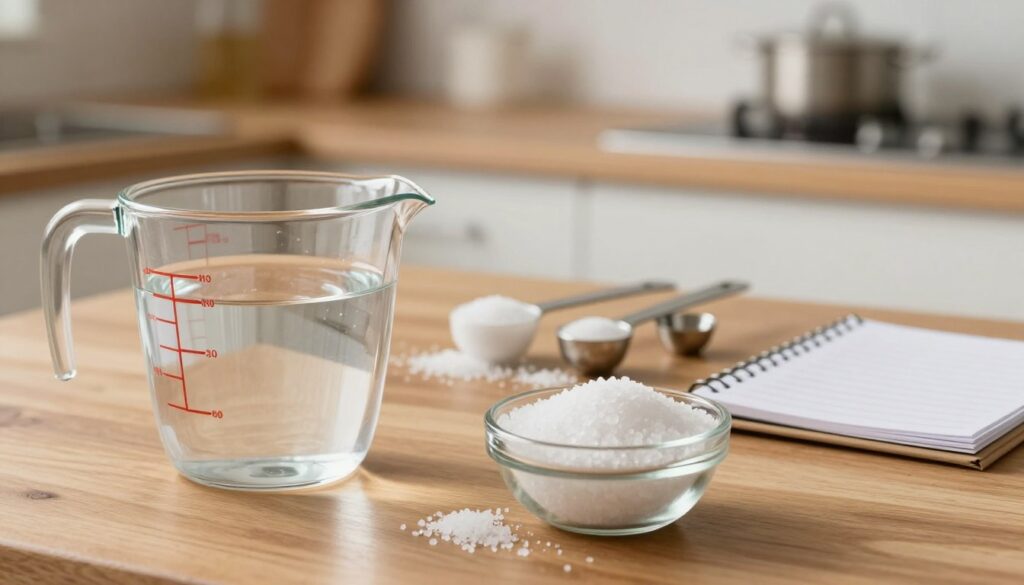 A visually engaging scene showcasing the ideal salt-to-water ratios for a salt water gargle. In the foreground, a clear measuring cup filled with warm water, alongside a small glass bowl of coarse sea salt, both meticulously positioned on a wooden kitchen countertop. In the middle layer, delicate measuring spoons display varying quantities of salt, indicating popular ratios, with a small notepad beside them to suggest a recipe. The background features a softly blurred kitchen setting with warm, inviting lighting that creates a calm ambiance. Use a close-up angle to emphasize the textures of the salt and water, evoking a sense of cleanliness and wellness while ensuring a professional and informative atmosphere.