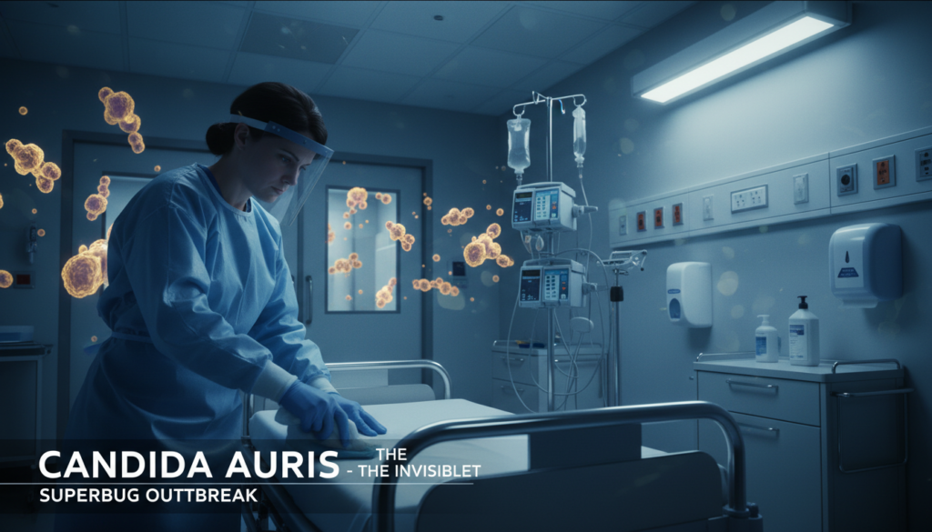 A visually striking interpretation of the spread of Candida auris within a healthcare setting. In the foreground, a healthcare professional in scrubs meticulously cleaning a hospital room, their focused expression conveying the urgency of infection control. In the middle ground, medical equipment and sanitized surfaces reflect a sterile environment, while a subtle glow from overhead lights emphasizes cleanliness. The background shows partially-transparent graphics of fungal spores emerging, symbolizing the invisible threat of Candida auris lurking in the shadows. The overall atmosphere resonates with tension and diligence, highlighting the growing challenge healthcare providers face in preventing superbug outbreaks. The lighting is bright and clinical, creating a sense of urgency and determination in the fight against infections.