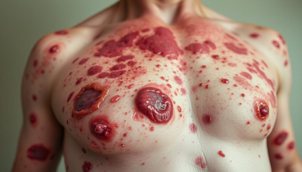 A vivid close-up of the characteristic skin lesions of pemphigus vulgaris, showcasing the painful, blistered, and erosive nature of the condition. The foreground features a detailed view of the red, raw, and inflamed skin, with tense fluid-filled bullae and ruptured lesions. The middle ground highlights the widespread distribution of the lesions across the body, while the background maintains a neutral, clinical tone to emphasize the medical nature of the subject. The lighting is soft and even, capturing the subtle textures and shades of the skin. The overall composition and framing convey the severity and impact of the pemphigus vulgaris symptoms.