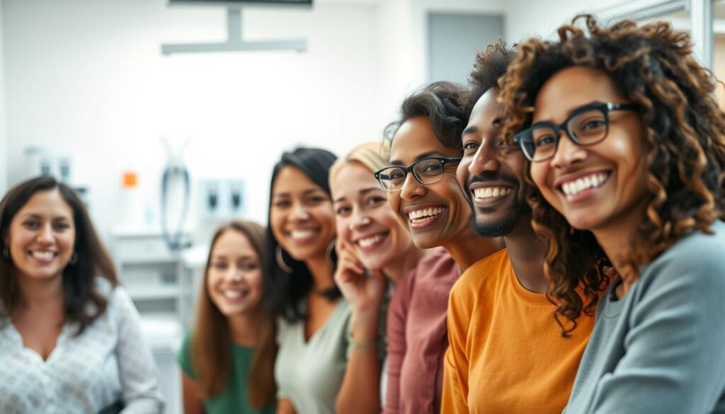 A warm and inspirational scene showcasing real patient experiences and success stories. In the foreground, a group of diverse, smiling individuals of different ages and backgrounds, their expressions radiating joy and gratitude. The middle ground features a clean, modern medical setting, with subtle medical equipment and décor, conveying a sense of professionalism and care. The background is softly blurred, allowing the focus to remain on the patients and their personal triumphs. Soft, natural lighting illuminates the scene, creating a calming, uplifting atmosphere. Captured with a wide-angle, high-resolution lens to encompass the entire narrative. A warm and inspirational scene showcasing real patient experiences and success stories. In the foreground, a group of diverse, smiling individuals of different ages and backgrounds, their expressions radiating joy and gratitude. The middle ground features a clean, modern medical setting, with subtle medical equipment and décor, conveying a sense of professionalism and care. The background is softly blurred, allowing the focus to remain on the patients and their personal triumphs. Soft, natural lighting illuminates the scene, creating a calming, uplifting atmosphere. Captured with a wide-angle, high-resolution lens to encompass the entire narrative.
