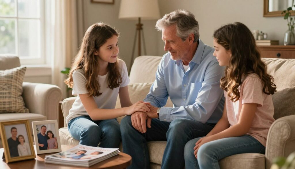 A warm and inviting living room setting, featuring a caring scene of two daughters in professional casual clothing assisting their father, Michael Bolton, in a comfortable armchair. One daughter is gently holding his hand, while the other sits beside them, offering emotional support and encouragement. The foreground showcases family photos and a small table with health magazines. In the middle ground, there's a soft light illuminating the family, suggesting a sense of hope and togetherness. In the background, a cozy window with sunlight streaming through highlights the warmth of the home. The atmosphere is tender and supportive, reflecting the theme of family care and resilience. The image captures the essence of unity and love in a family support system.