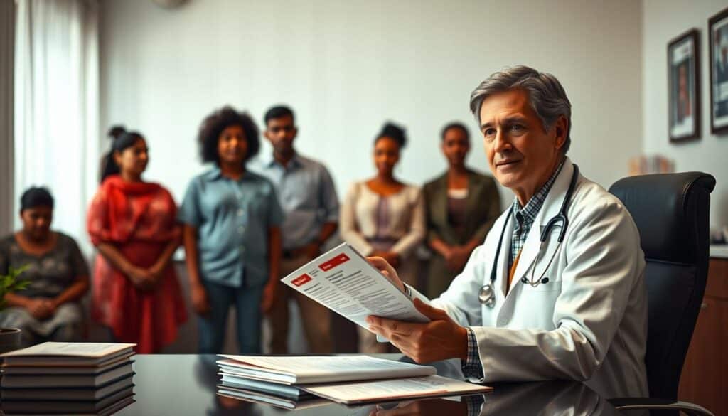 A warm and inviting scene depicting a healthcare professional reviewing financial assistance programs for HIV prevention. In the foreground, the doctor sits at a desk, surrounded by brochures and documents detailing various savings and support initiatives. Their expression is one of compassion and expertise, ready to guide patients through the complexities of accessing necessary treatments and resources. The middle ground features a diverse group of individuals, each representing the broad spectrum of those affected by HIV, awaiting consultation. The background is a softly lit medical office, conveying a sense of trust, safety, and dedication to providing comprehensive care. Subtle, muted tones create a calming atmosphere, inviting viewers to imagine the transformative impact of these financial assistance programs. A warm and inviting scene depicting a healthcare professional reviewing financial assistance programs for HIV prevention. In the foreground, the doctor sits at a desk, surrounded by brochures and documents detailing various savings and support initiatives. Their expression is one of compassion and expertise, ready to guide patients through the complexities of accessing necessary treatments and resources. The middle ground features a diverse group of individuals, each representing the broad spectrum of those affected by HIV, awaiting consultation. The background is a softly lit medical office, conveying a sense of trust, safety, and dedication to providing comprehensive care. Subtle, muted tones create a calming atmosphere, inviting viewers to imagine the transformative impact of these financial assistance programs.
