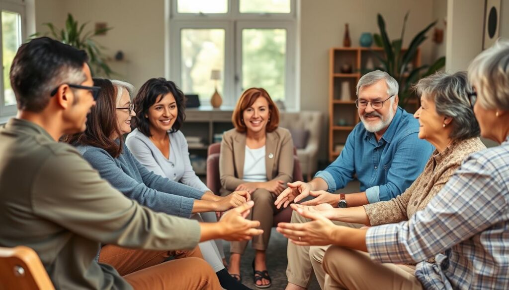 A warm, compassionate scene of a melanoma support group meeting. In the foreground, a diverse group of individuals sitting in a circle, holding each other's hands and sharing stories, their expressions reflecting a sense of solidarity and understanding. The middle ground features a therapist or counselor guiding the session, their body language conveying empathy and care. The background depicts a cozy, inviting space with natural lighting filtering through large windows, creating a soothing, serene atmosphere. The overall mood is one of community, hope, and healing.