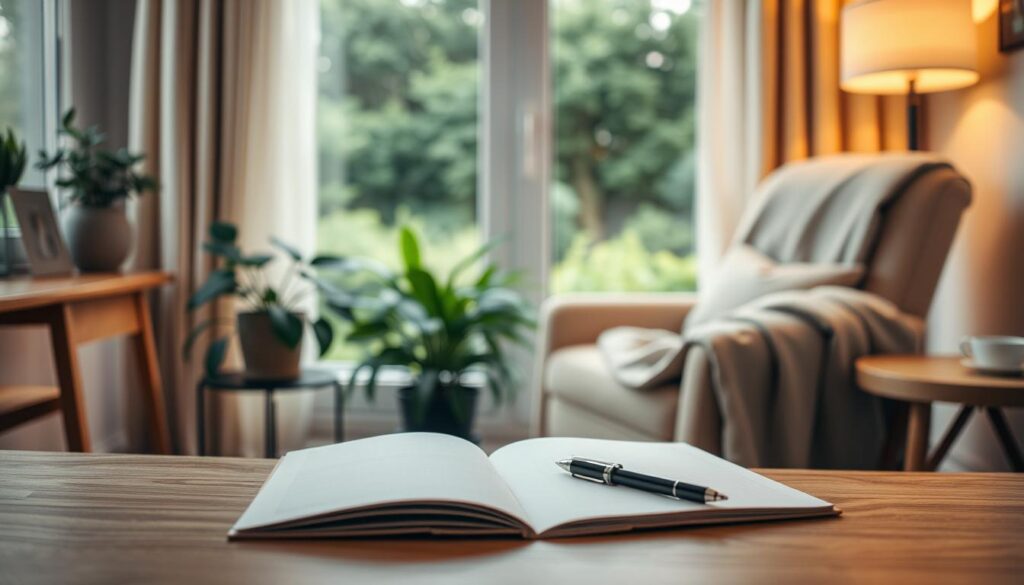 A warm, cozy home office setting with a comfortable armchair, a soft throw blanket, and a potted plant on a side table. In the foreground, an open notebook and a pen rest on a wooden desk, symbolizing the personalized nature of the therapy. Soft, diffused lighting illuminates the scene, creating a calming, introspective atmosphere. The middle ground features a large window overlooking a serene, lush garden, hinting at the connection between the therapeutic process and nature's healing power. The background is softly blurred, emphasizing the focus on the therapeutic experience. The overall composition conveys a sense of safety, care, and the customized approach to addressing anxiety and depression.