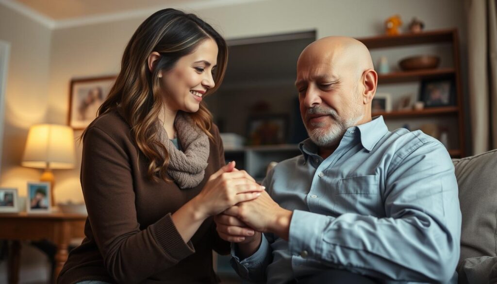 A warm, emotive scene of Bruce Willis' daughter Heming Willis tenderly caring for her father. In the foreground, Heming gently holds Bruce's hand, their expressions conveying a deep familial bond and the understanding of his frontotemporal dementia diagnosis. The middle ground features the cozy, intimate setting of their home, with soft lighting and muted tones suggesting a tranquil, nurturing environment. In the background, glimpses of family photos and personal mementos underscore the loving, supportive network surrounding Bruce during this challenging time. The overall tone is one of compassion, resilience, and the Willis family's unwavering commitment to navigating Bruce's health condition with dignity and care.