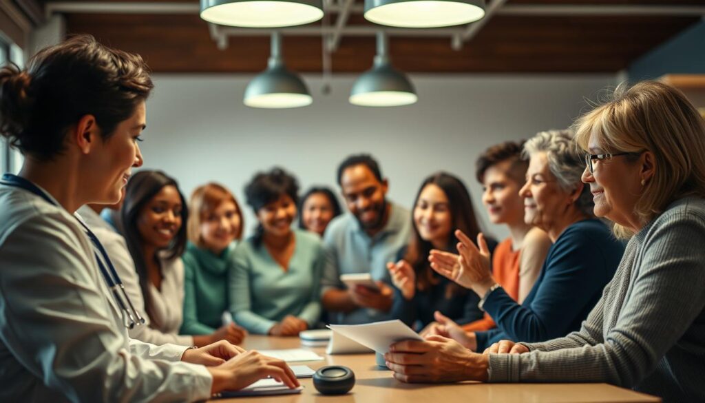 A warm, inviting scene with a diverse group of people gathered around a table, engaged in discussion and exchanging ideas. The foreground features a healthcare professional, possibly a doctor or nurse, leading the discussion and gesturing towards educational materials or visual aids. The middle ground showcases a mix of ages, ethnicities, and backgrounds, all actively participating in the dialogue. The background has a soft, blurred effect, creating a sense of focus on the central activity. Subtle lighting from overhead fixtures casts a gentle glow, reinforcing the atmosphere of learning and awareness. The overall tone is one of empowerment, collaboration, and a shared commitment to understanding and addressing important health concerns. A warm, inviting scene with a diverse group of people gathered around a table, engaged in discussion and exchanging ideas. The foreground features a healthcare professional, possibly a doctor or nurse, leading the discussion and gesturing towards educational materials or visual aids. The middle ground showcases a mix of ages, ethnicities, and backgrounds, all actively participating in the dialogue. The background has a soft, blurred effect, creating a sense of focus on the central activity. Subtle lighting from overhead fixtures casts a gentle glow, reinforcing the atmosphere of learning and awareness. The overall tone is one of empowerment, collaboration, and a shared commitment to understanding and addressing important health concerns.