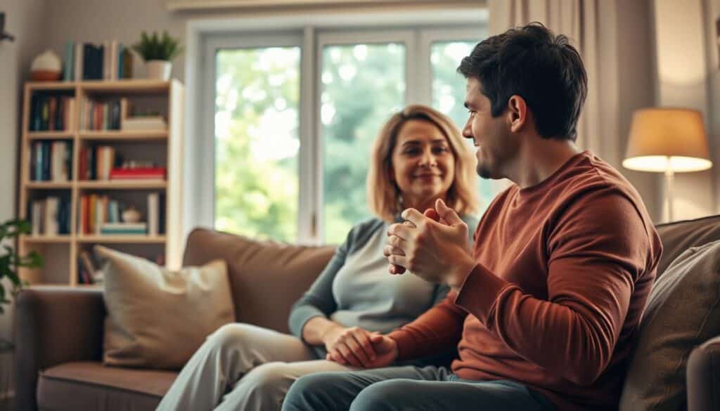 A warm-lit, cozy living room with a couple sitting on a comfortable sofa, deep in discussion. The foreground features their hands clasped together, conveying a sense of support and understanding. The middle ground shows shelves lined with books and medical resources, representing the informational aspect of living with Epidermolysis Bullosa. The background depicts a window overlooking a serene, lush garden, symbolizing the importance of a nurturing environment. The lighting is soft and inviting, creating an atmosphere of care and reassurance. The overall scene conveys a sense of community, empowerment, and resilience in the face of a rare genetic skin disorder.
