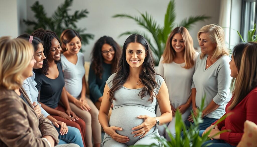 A warm, supportive group of diverse women gathered in a cozy, welcoming setting, their expressions radiating care and understanding. In the foreground, a pregnant woman with PCOS is at the center, surrounded by her friends and family offering guidance and reassurance. The middle ground features comfortable seating areas and soft lighting, creating an atmosphere of trust and community. In the background, plants and natural elements suggest a sense of balance and nurturing. The scene conveys the power of a strong support network to navigate the unique challenges of PCOS during pregnancy.