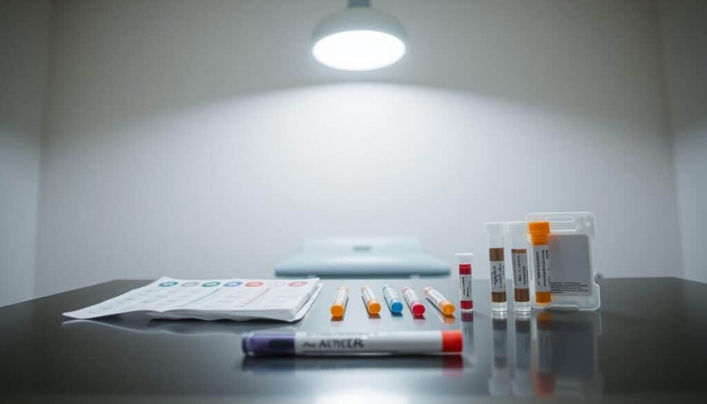A well-lit and detailed clinical examination table with various hives diagnosis tests neatly arranged on it. The table is made of clean, polished stainless steel, with a bright overhead light illuminating the scene. In the foreground, several skin prick tests, a patch test, and a blood sample collection kit are positioned, showcasing the different diagnostic methods used to identify the underlying causes of hives. The background features a neutral, white wall, creating a professional, medical atmosphere. The overall composition conveys a sense of precision, organization, and the importance of accurate diagnosis in effectively treating hives. A well-lit and detailed clinical examination table with various hives diagnosis tests neatly arranged on it. The table is made of clean, polished stainless steel, with a bright overhead light illuminating the scene. In the foreground, several skin prick tests, a patch test, and a blood sample collection kit are positioned, showcasing the different diagnostic methods used to identify the underlying causes of hives. The background features a neutral, white wall, creating a professional, medical atmosphere. The overall composition conveys a sense of precision, organization, and the importance of accurate diagnosis in effectively treating hives.