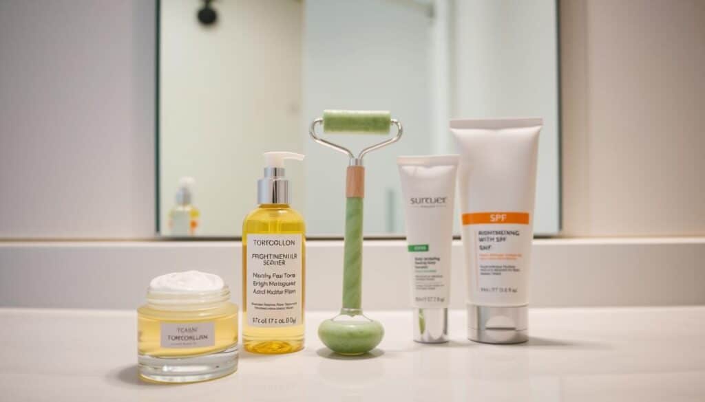 A well-lit bathroom vanity showcases an array of skincare products arranged in an orderly fashion. In the foreground, an open jar of a nourishing facial serum, a bottle of brightening toner, and a tube of hydrating moisturizer with SPF. In the middle, a jade roller and a jade gua sha tool, tools used to massage and stimulate the skin. The background features a clean, minimalist tile wall and a mirror reflecting the scene, creating a sense of depth and symmetry. The overall mood is one of calmness, intentionality, and a commitment to an effective, evidence-based hyperpigmentation treatment routine.
