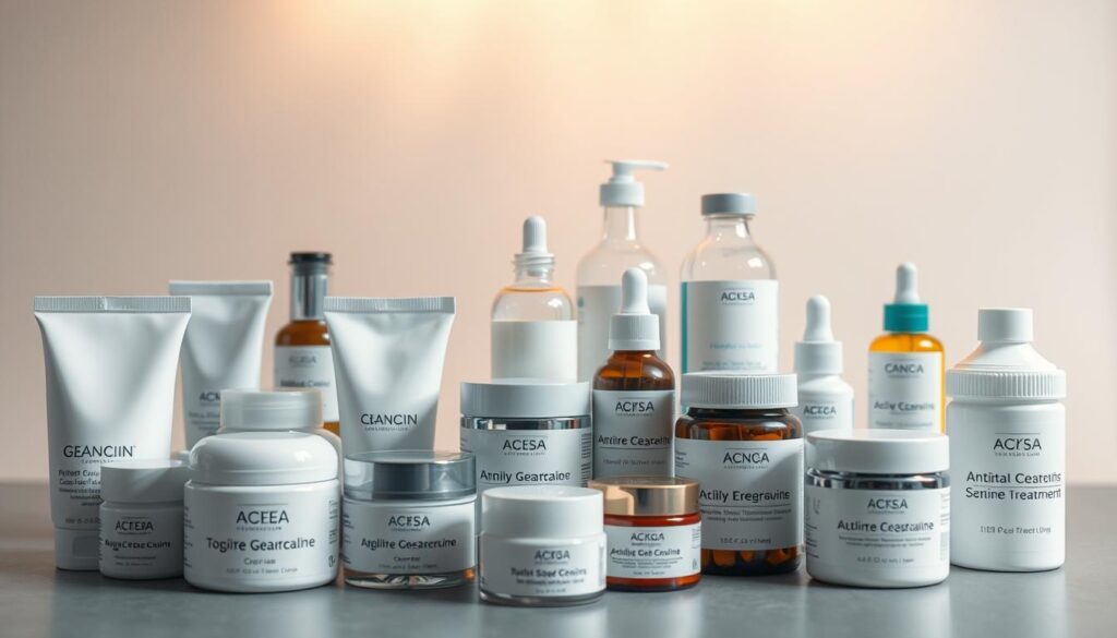 A well-lit, clinical yet inviting scene showcasing various acne treatment options. In the foreground, a range of topical creams, gels, and serums in sleek, modern packaging. In the middle ground, a collection of oral medications and supplements in glass bottles with clean, minimalist labels. The background is a soft, neutral-toned surface, creating a sense of professionalism and expertise. Subtle warm lighting from above casts gentle shadows, highlighting the textures and details of the products. The overall composition conveys a sense of informed, comprehensive acne treatment solutions.