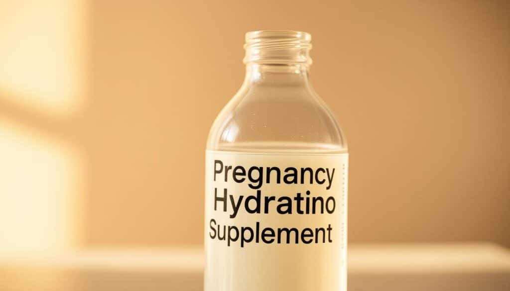A well-lit, close-up photograph of a transparent glass bottle filled with clear liquid, set against a soft, blurred background. The bottle's label prominently displays the words "Pregnancy Hydration Supplement" in a bold, legible font. The lighting is warm and natural, creating a sense of reassurance and safety. The overall composition is balanced and visually appealing, allowing the viewer to focus on the key element - the hydration supplement bottle and its label.