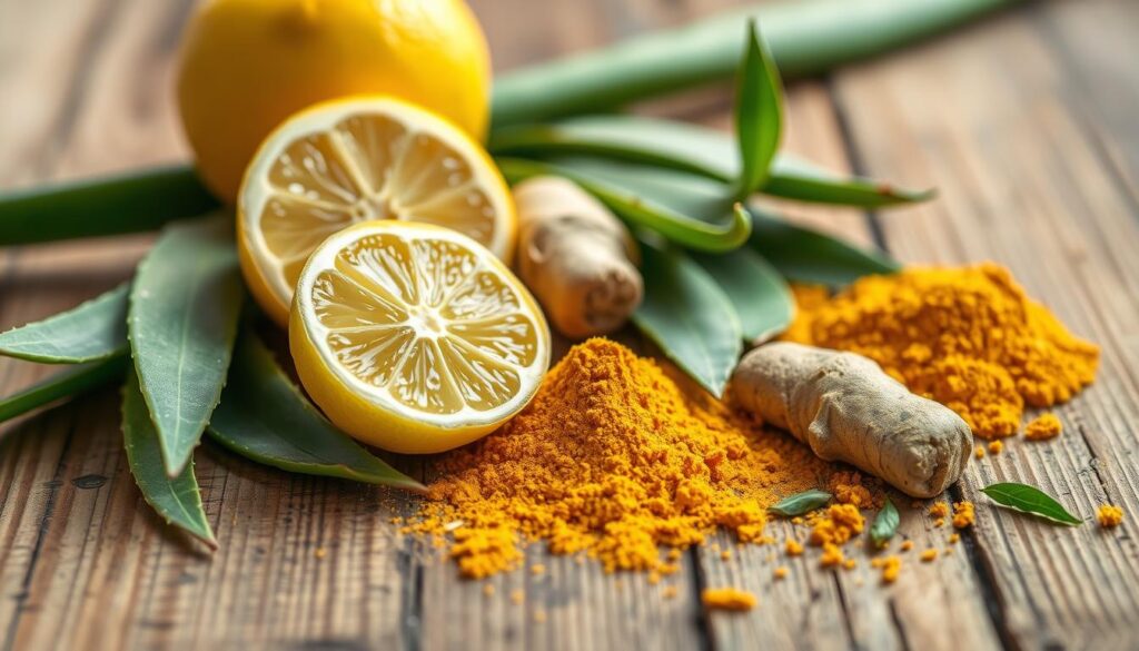 A well-lit, close-up photograph of an arrangement of natural ingredients commonly used for hyperpigmentation treatment, such as lemon slices, turmeric powder, aloe vera leaves, and green tea leaves. The items are neatly placed on a rustic wooden surface, with a soft, diffused lighting creating a soothing, natural atmosphere. The focus is sharp, capturing the intricate details and textures of the ingredients. The overall composition is balanced and visually appealing, conveying the idea of natural, holistic solutions for facial discoloration.