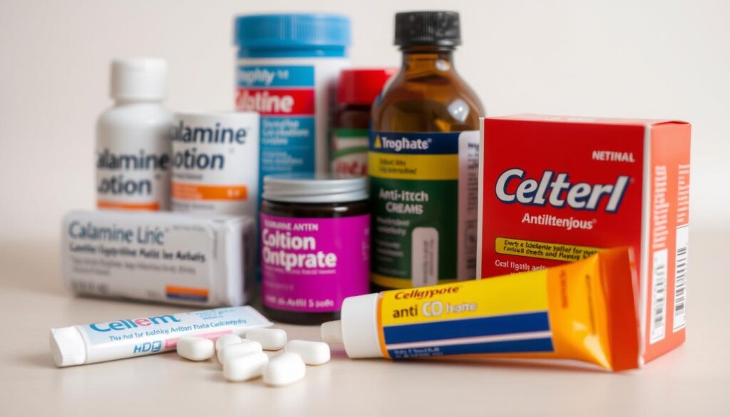 A well-lit, close-up photograph of various over-the-counter medications and ointments commonly used to treat chickenpox, including calamine lotion, anti-itch creams, and oral antihistamines. The items are neatly arranged on a clean, neutral-colored surface, capturing the essential remedies for soothing the itchy, blistered skin associated with the condition. The lighting is soft and diffused, creating a warm, inviting atmosphere that conveys a sense of care and relief. The perspective is slightly elevated, allowing the viewer to see the products from an accessible, informative angle.