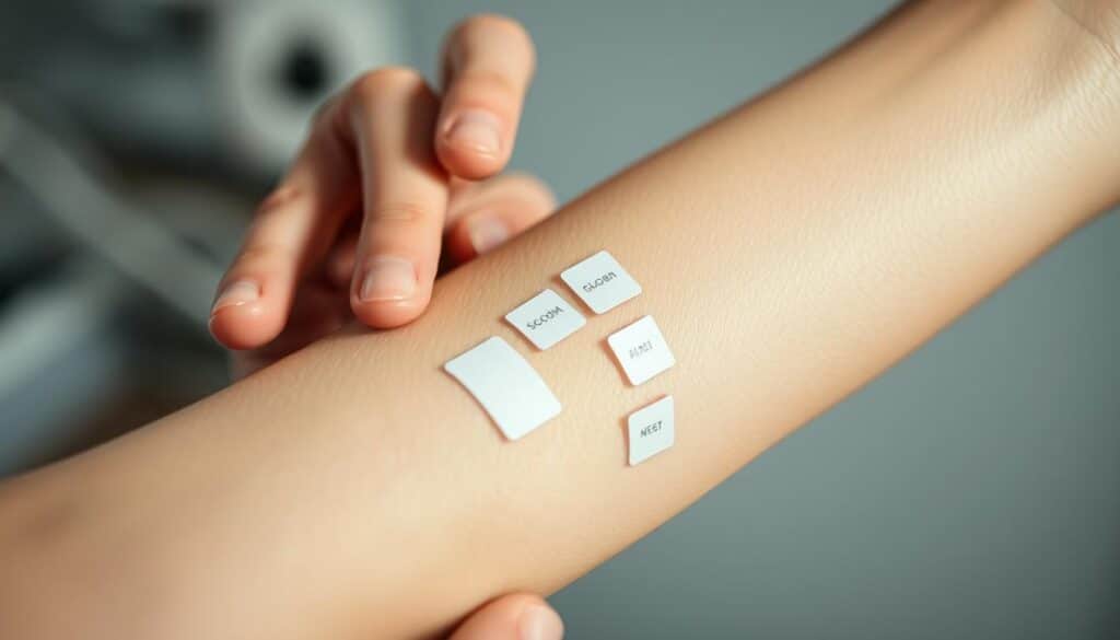 A well-lit, close-up shot of a person's forearm undergoing a patch test procedure. The skin is gently being stretched, revealing a series of small square adhesive patches applied in rows, each containing a different suspected allergen. The person's hand is visible, holding the skin taut. The focus is on the test site, with a slightly blurred background hinting at a clinical environment. The lighting is bright and even, casting subtle shadows that accentuate the textural details of the skin and the patches. The overall mood is one of careful examination and medical investigation, conveying the diagnostic nature of the procedure.